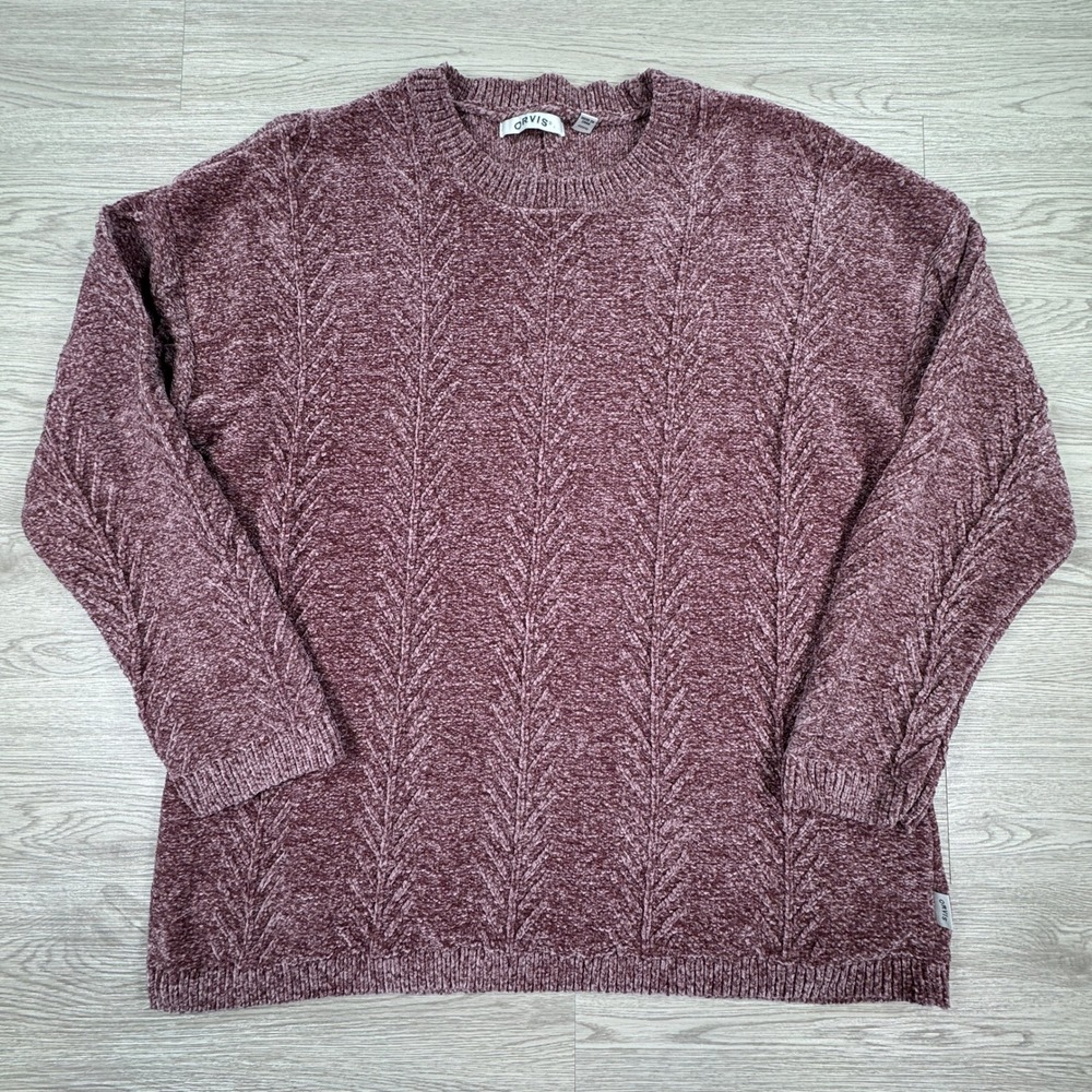 Orvis Women's Sweater Chenille Cable Knit Mauve Pink XL Crewneck Long Sleeve